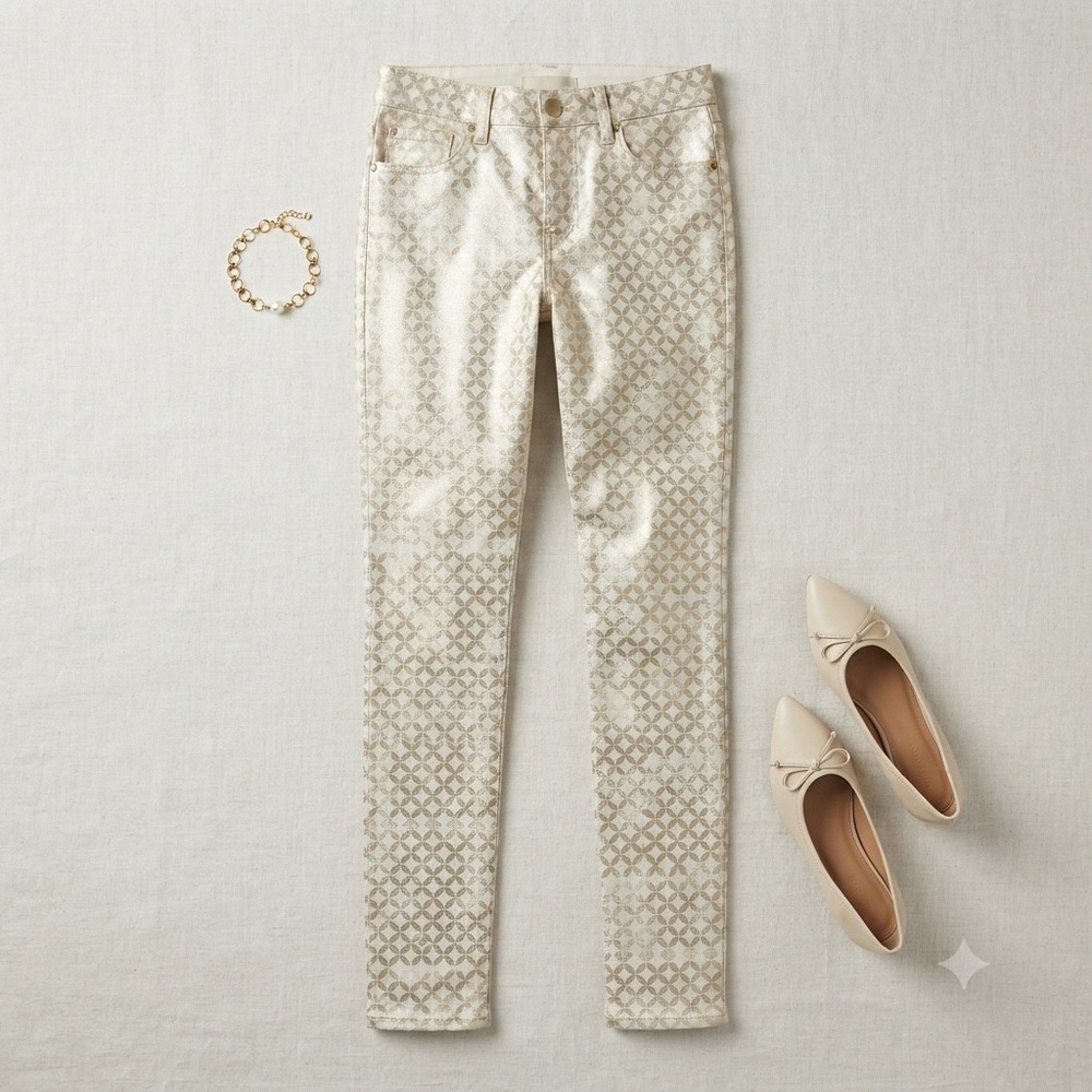 Mother Skinny Jeans 27 White Gold Metallic Geometric Quatrefoil Festive Luxe